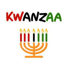 Happy Kwanzaa handwritten text for traditional african american ethnic holiday vector illustration. Concept design for greeting card with kinara and burning black, red, green colored candles.