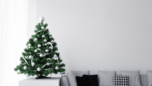 decorated christmas tree in white living room, 3D illustration background concept