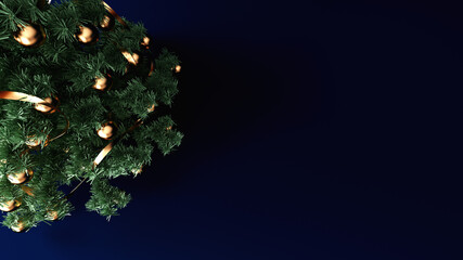 top view decorated christmas tree on dark blue background, 3D background illustration