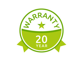 20 Year Warranty logo icon button stamp vectors, 20 years warranty green badges isolated on white background