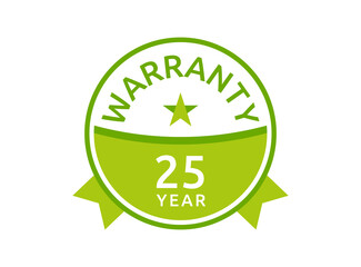25 Year Warranty logo icon button stamp vectors, 25 years warranty green badges isolated on white background