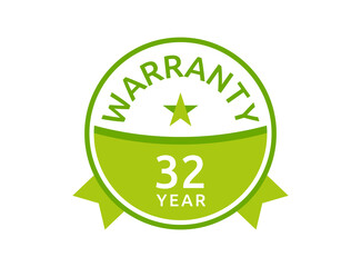 32 Year Warranty logo icon button stamp vectors, 32 years warranty green badges isolated on white background