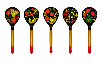 Wooden spoons with Khokhloma painting. Khokhloma, Russian traditional wood art tableware. Vector illustration. 