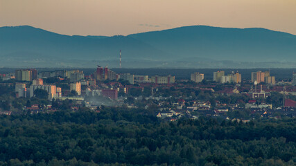 Panorama of the city of Tychy in Silesia. View of the mountains over the city buildings