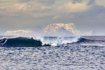 Surf, Waves in polar region, winter storm, norway - 389966206