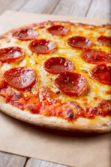 A view of a flatbread pepperoni pizza.