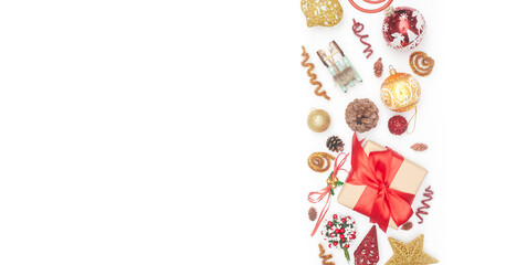 Merry Christmas postcard banner, decorations on white background, copy space