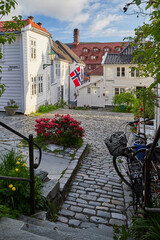 bergen, old town, nautical district, wooden houses, monument reserve, unesco, tourist attraction, flag day, public holiday, norway, independence day, bicycle, bicycles in the city, - 389967244