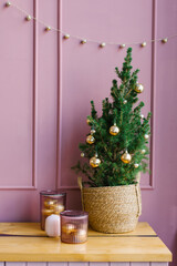 Small Christmas tree in a wicker basket in the home decor