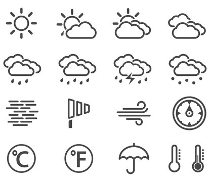 Weather Forecast symbols day set line or outline style simple flat icons isolated on white background. Weather report outline symbols 