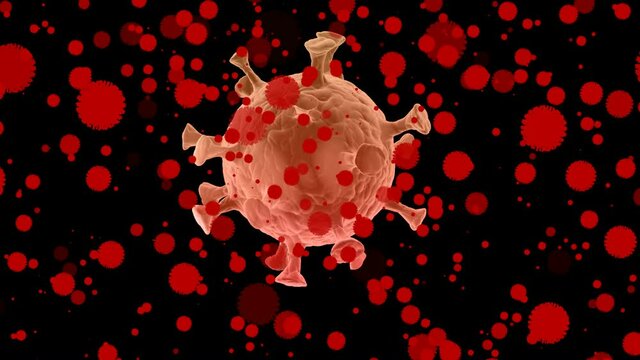 Malattia da coronavirus, epidemia del virus SARS-CoV-2, video 3d covid-19, vista microscopica di cellule fluttuanti del virus dell'influenza.