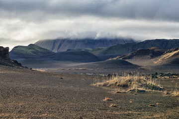 Icelandic volcanic black desert, black sand, wasteland, volcanic activity, apocalyptic, unsuitable for life - 389968642