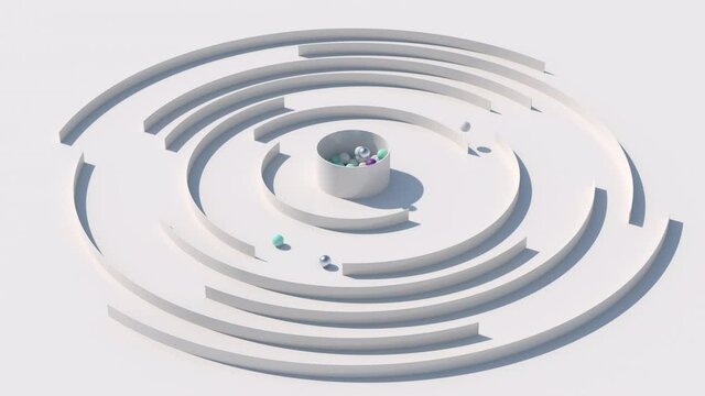 Colorful balls and white labyrinth. Abstract animation, 3d render.