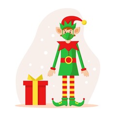 Happy Merry Christmas elf on protection medical mask cartoon character with gift box and snowflakes. Vector flate illustration. Design for banner, pattern, landing page, flyer