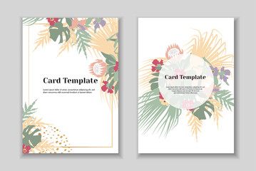 Set of 2 boho greting card templates, tender pastel colorls, white background. Golden geometrical frame.