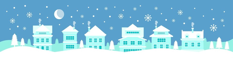 Winter landscape with houses, moon, snowflakes, trees. .Merry Christmas and Happy New Year celebration. Vector flat illustration. Design for banner, landing page, flyer, background.
