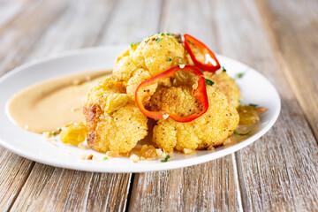 A view of a plate of roasted cauliflower florets.