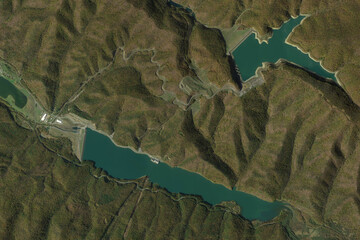 pumped storage hydropower plant, upper reservoir and lower reservoir - bird's eye view Bath County...
