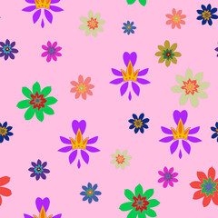 Pattern for the girl. Princess crown and flowers. Childrens vector seamless pattern. Gold crowns on a pink background. Small flowers of different colors and shapes.