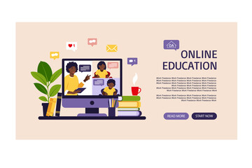 Online learning concept. Online class landing page. Teacher at chalkboard, video lesson. Distance study at school. Vector illustration. Flat style.