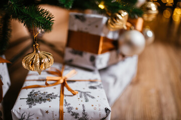 New Year 2021 interior with candles, bulbs and bokeh. Room decorated to christmas celebration....
