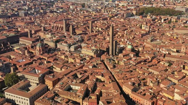 Bologna, Italy: Aerial view of historic center of city with iconic landmark Two Towers (Le due torri) - landscape panorama of Europe from above
