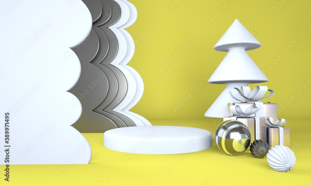 Poster christmas background with christmas tree and stage for product display. 3d rendering.
