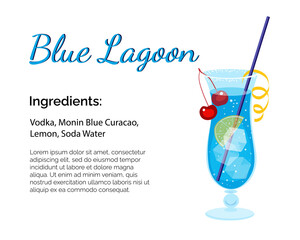 Blue lagoon cocktail with place for ingredients and recipe isolated on a white background. Cocktail card template. 