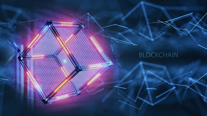 Network structure of technology. The concept of blockchain technology. Technological abstract cube with data. Digital background.