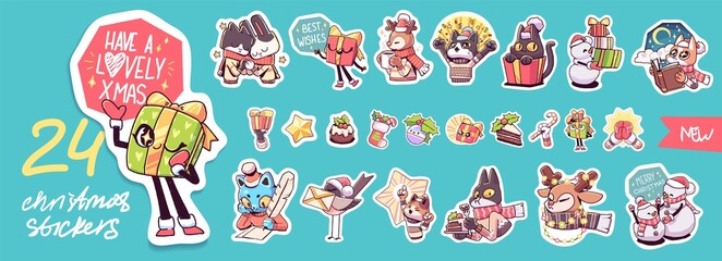 Set of Cute Merry Christmas and Happy New Year Characters. Vector