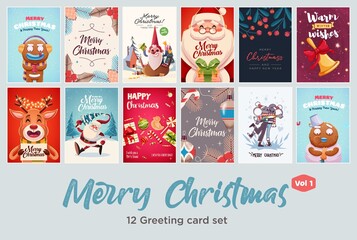 Fototapeta na wymiar Set of Merry Christmas and Happy new Year greeting cards design with Christmas characters. Vector