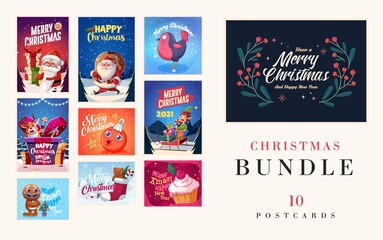 Set of Merry Christmas and Happy new Year greeting cards design with Christmas characters. Vector