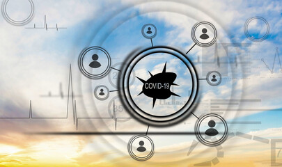 Digital illustration of a plane starting, with data processing, business and distribution during the Coronavirus Covid-19 pandemic