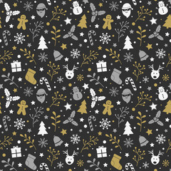 Christmas seamless pattern with decorations. Concept of Xmas background. Vector