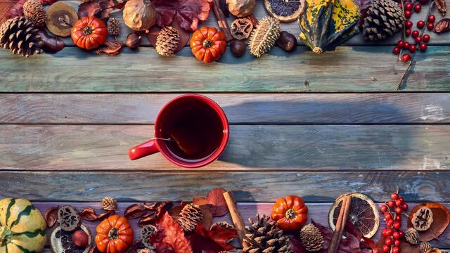 Cup of tea or mulled wine. Autumn decoration on wooden table with leaves, pumpkins, pine cones on colorful background. Copy space for text. Stop motion, timelapse. Can be slowed down/speeded up