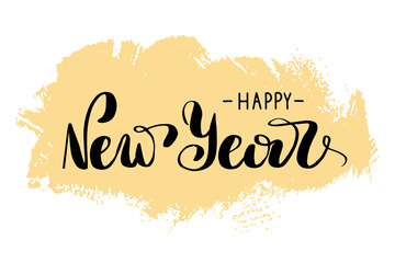Happy new year greeting card template, lettering on brush painted gold background. 2021 Chinese calendar.