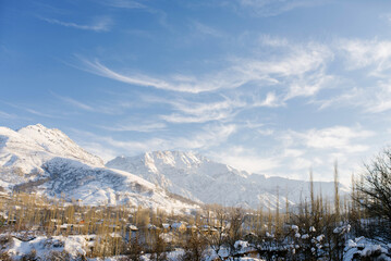 Amazing winter landscape of mountains in Uzbekistan in winter. tien shan