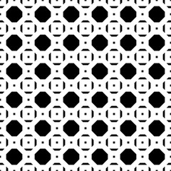 Repeated black figures on white background. Symmetric geometric wallpaper. Seamless surface pattern design with regular octagons and squares. Tiles motif. Digital paper for textile print. Vector art.