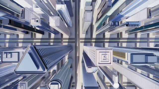 3d animation between high rise skyscrapers and glassy office building Forward camera movement.top of the abstract 3D city of white. Downtown time lapse view.