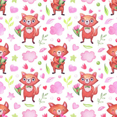 Watercolor pattern with cute foxes for the holidays, valentine's day, birthday. Background for party attributes