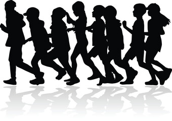 Children silhouettes running.  Black silhouettes.