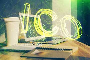 Double exposure of blockchain theme hologram and table with computer background. Concept of bitcoin...