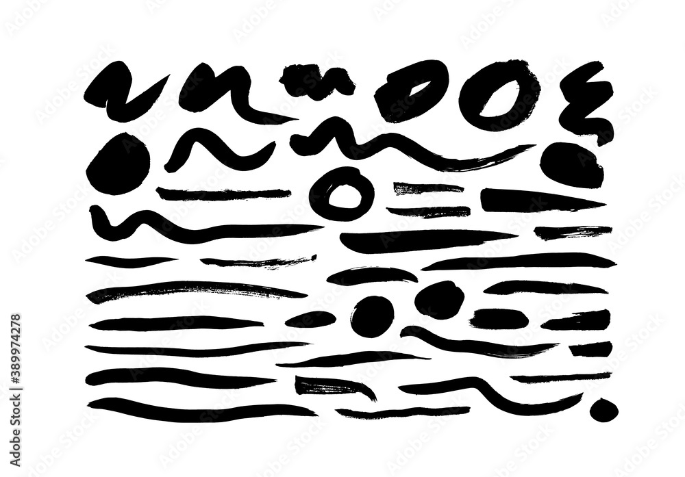 Poster vector black lines, ink brush strokes and circles collection. dirty grunge element, circles or backg