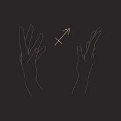 Hands hold sagittarius zodiac glyph. Gesture shows astrological symbol. Isolated outline abstract composition on black. Vector illustration for your horoscope, logo, icon, tattoo. Modern witch concept