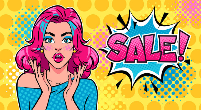 Surprised woman with open mouth, pink hair and SALE speech bubble. Advertising poster for discount. Pop art vector retro illustration.
