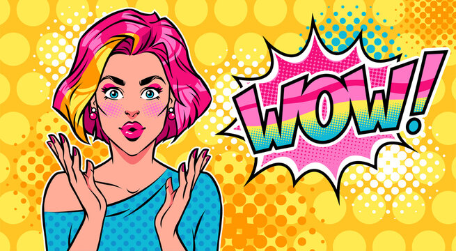 Woman with surprised expression, short pink hair and WOW speech bubble. Pop art vector retro illustration.