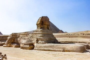 Egypt, Giza, Sphinx statue in the desert of ancient Cairo.