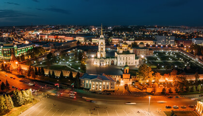 Tula Kremlin, aerial view from drone. Epiphany and Assumption Cathedrals