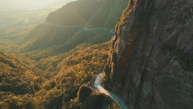 Aerial view beautiful dangerous rainforest mountain road, Serra Do Corvo Branco, Gr&atilde;o Par&aacute;, Santa Catarina, Brazil