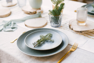 Blue plates, gold Cutlery, a spruce branch on a plate. Festive Christmas winter dinner or family dinner service